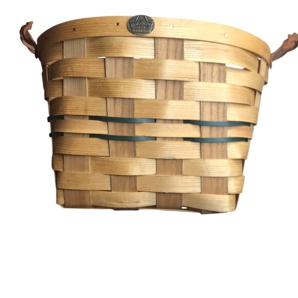 Large Handmade PETERBORO BASKET CO Amish Basket, Wood w/ Leather Braided Handles - Picture 3 of 13